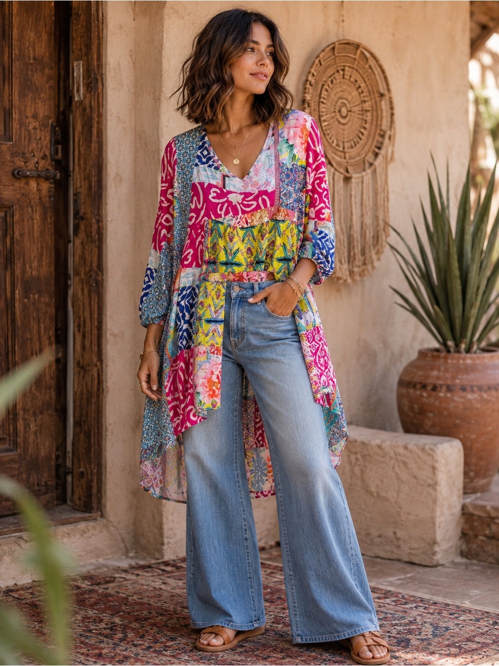 NWT Avani del amour Multicolor Patchwork V-Neck Blouse